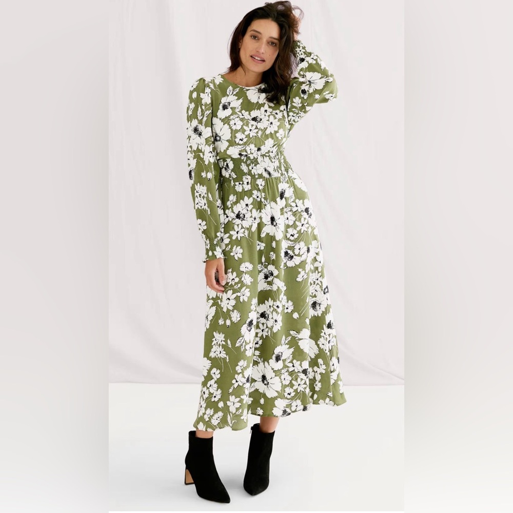 M&S x Ghost Green Floral Shirred Midi Waisted Dress